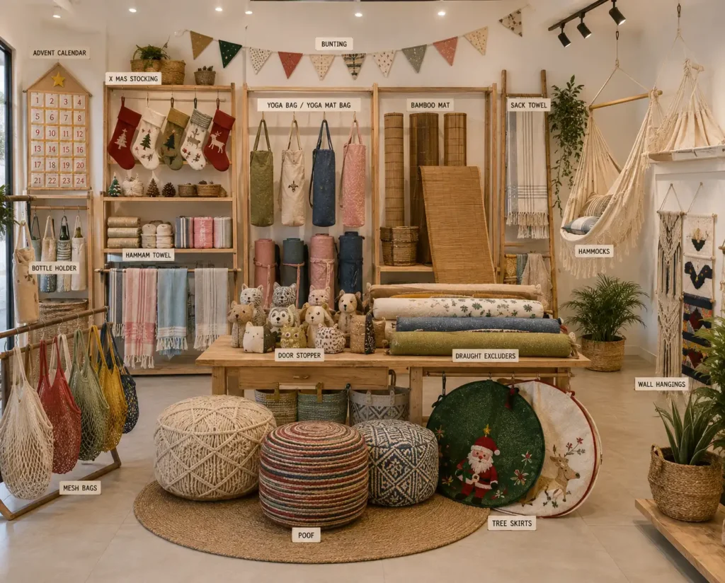 Explore our versatile collection of specialty textile products including seasonal collections, yoga accessories, bottle holders, mesh bags, Christmas products, home décor accessories, lifestyle textiles, promotional products, and fully customized developments for global brands.